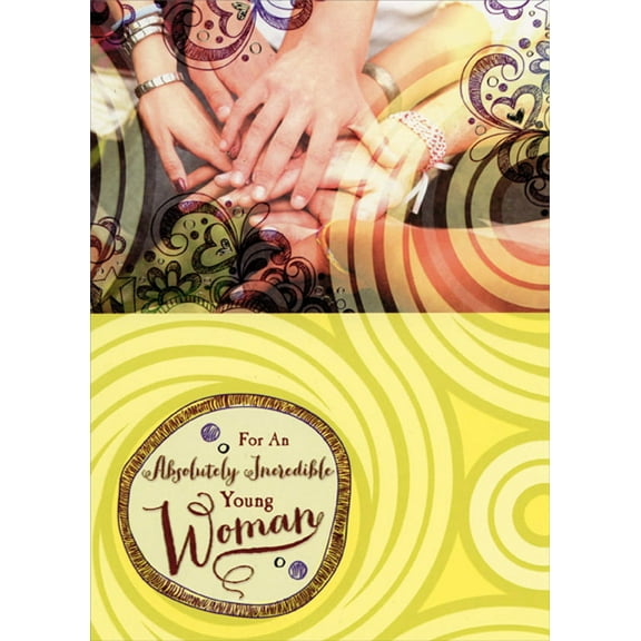 Designer Greetings Pile of Hands : Green Swirls Feminine Graduation Congratulations Card for Incredible Young Woman