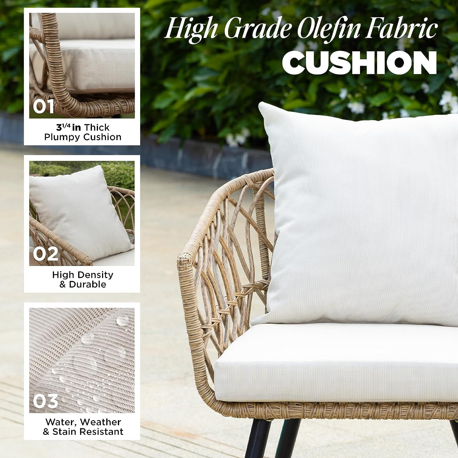 Idzo Pierre Wicker Patio Table And Chairs Set of 2 with Premium Olefin Fabric Soft Cushions