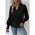thumbnail image 2 of Shirred Cuff Long Sleeve Surplice Neck Faux Wrap Blouse for Women Black Large, 2 of 5