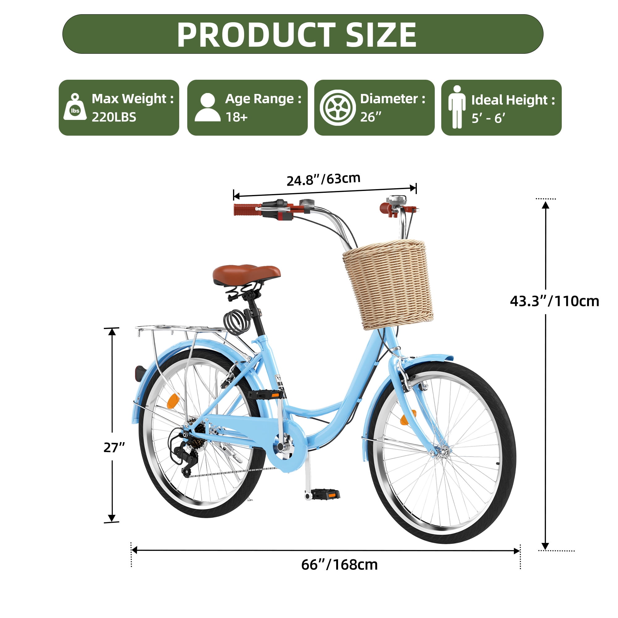 Uforic 26" Beach Cruiser Bike for Women, 7-Speed Adjustable Seat Bike Bicycle for Adult City Commuter, Blue