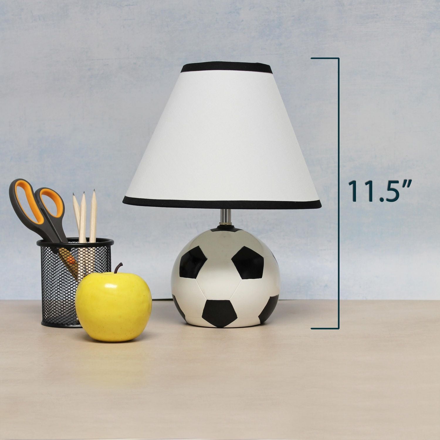 Simple Designs SportsLite 11.5" Tall Athletic Sports Soccer Ball Base Ceramic Table Desk Lamp with White Empire Fabric Shade with Black Trim