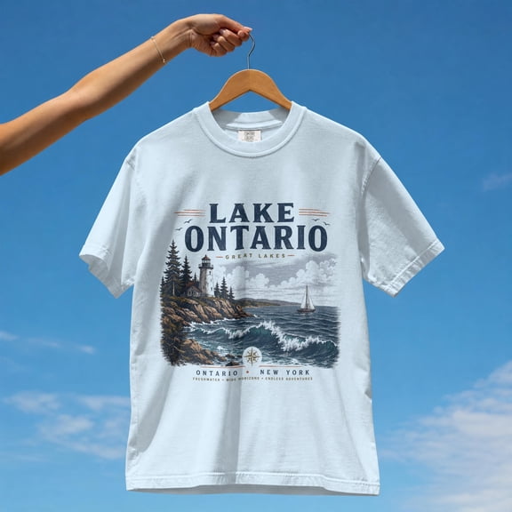 Lake Ontario Great Lakes Graphic T-shirt Lake Ontario Shirt White Lighthouse Design Tee Sailboat Graphic Top