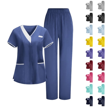 2026 Scrub for Cleaning Jobs Uniform, Multi Pockets Scrubs for Women Sets, V-Neck Top & Straight Leg Pants Scrubs Set L