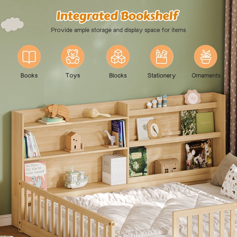 Full Size Kids Montessori Floor Bed with Bookshelf & Safety Guardrail, Wood Low-Profile Platform Bed Frame with Slats