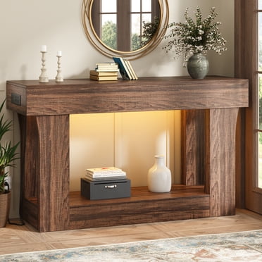 47" Long Console Table for Entryway with Charging Station, Wooden Foyer Hallway Table, Industrial Console Sofa Table for Living Room, Brown