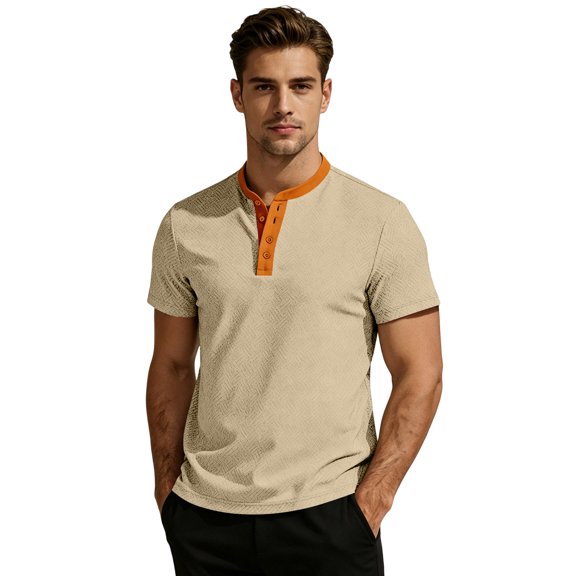GrmtClth Men's Color Block Stand Collar Henley T-Shirt Short Sleeve Casual Button Top Khaki 3XL