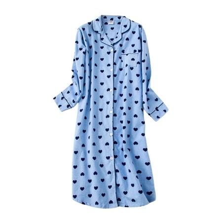 

Clearance Women Cotton Nightgown Button Down Boyfriend Nightshirt Mid-Long Style Sleepshirt Pajama Tops Long Sleeve V-Neck Plaid Night Gown Pajama Dress S-XL Blue Heart