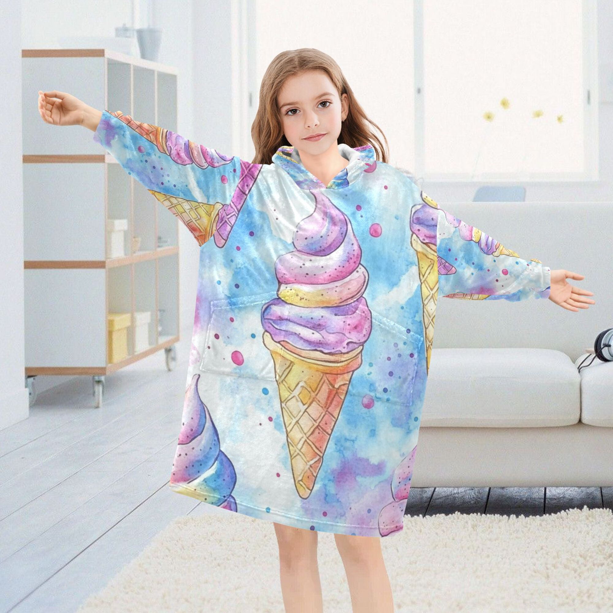 FORMRS Wearable Blanket Hoodie with Sleeves for Kids Cozy Flannel Sweatshirt, Watercolor Ice Cream Pattern