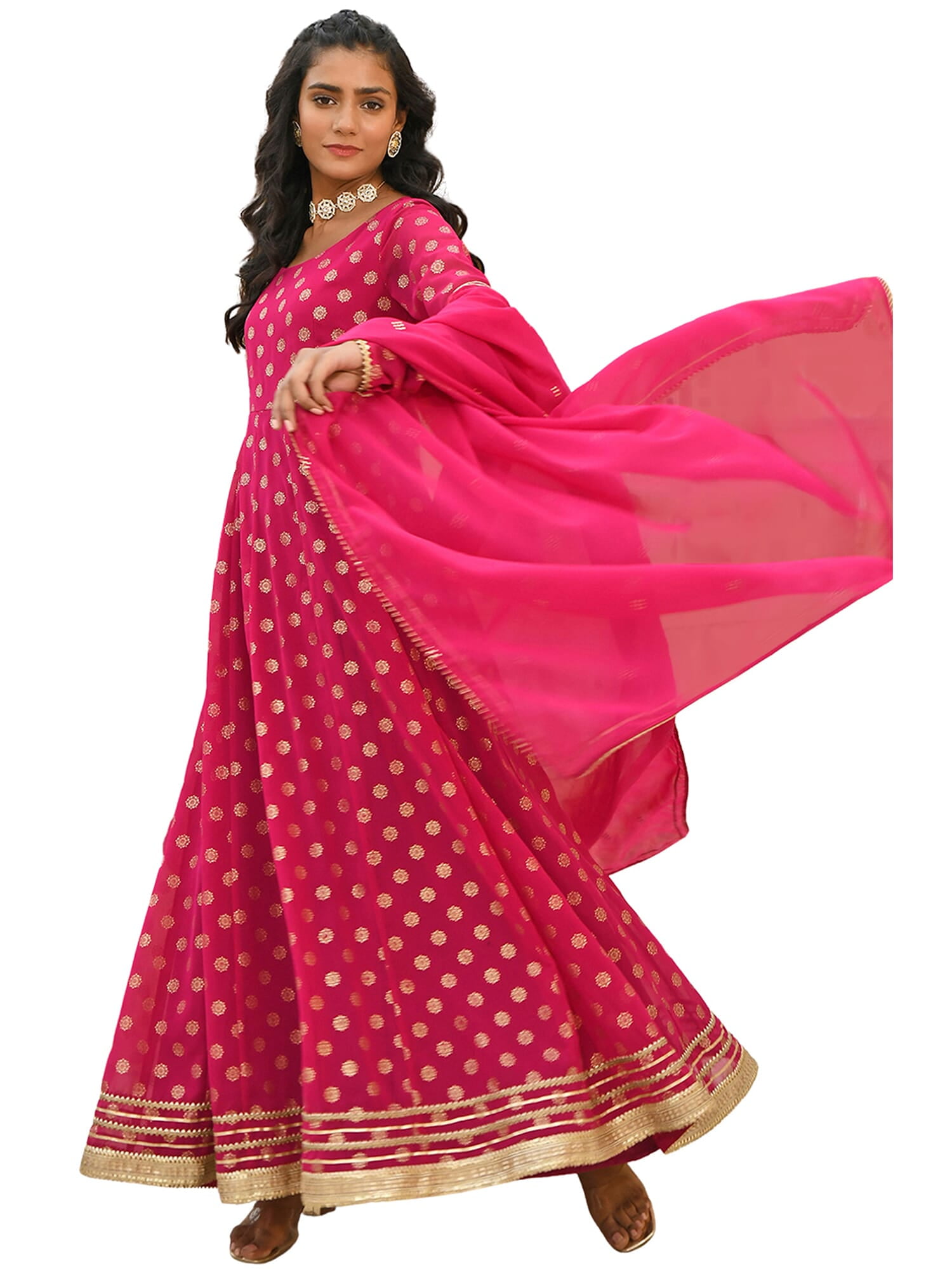 Women Liva Pink Foil Print Kurta