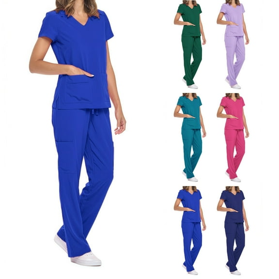 Scrubs Set for Women Nurse Uniform V-Neck Top With Drawstring Pocket Pants And Casual Two-Piece Set for Care Workers