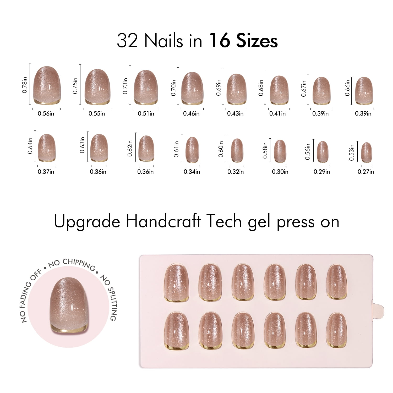 VSALON Press On Nails Short, 32 Pcs 16 Sizes Cat Eye Press On Nails Oval Fake Nails Gold Foil Design Sparkly Shimmer Gel With UV Glue Reusable Stick On Nails Semi-transparent Fall Gift For Women