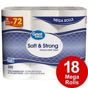 Great Value Soft & Strong 2-Ply Toilet Paper, 18 Mega Rolls, 380 Sheets per Roll
