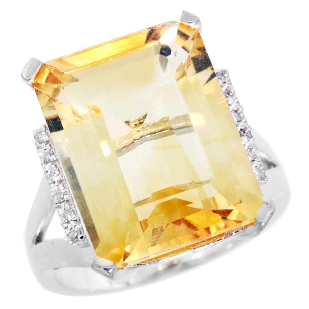 10K White Gold Diamond Natural Citrine Ring Emerald-cut 16x12mm, sizes 5-10 by WorldJewels