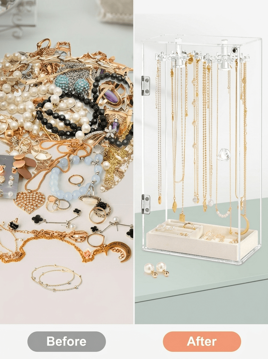 Cirhy Square Necklace Holder with Velvet Tray, Clear Acrylic Rotating Jewelry Organizer Box, Dustproof Necklace Display Case with 24 Hooks for Necklaces, Rings, Earrings, Bracelets