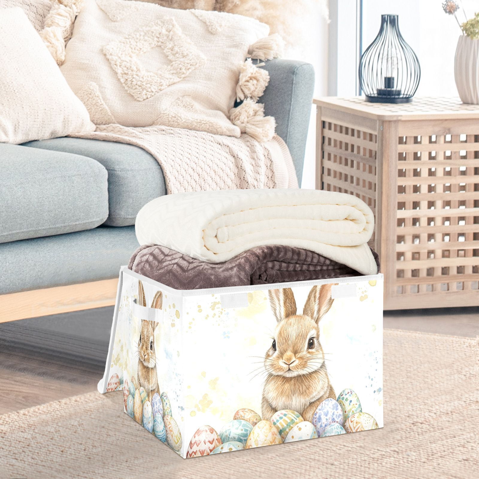 Bunny Easter Eggs Rabbit Storage Basket for Shelves Foldable Container Organizer for Organizing Toys Clothes Books with Handles