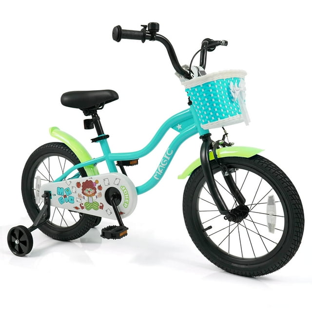 Costway Vélo pour Enfants 16 Pouces avec Roues Stabilisatrices, Panier, Freins à Main et à Rétropédalage, Selle Réglable Vert