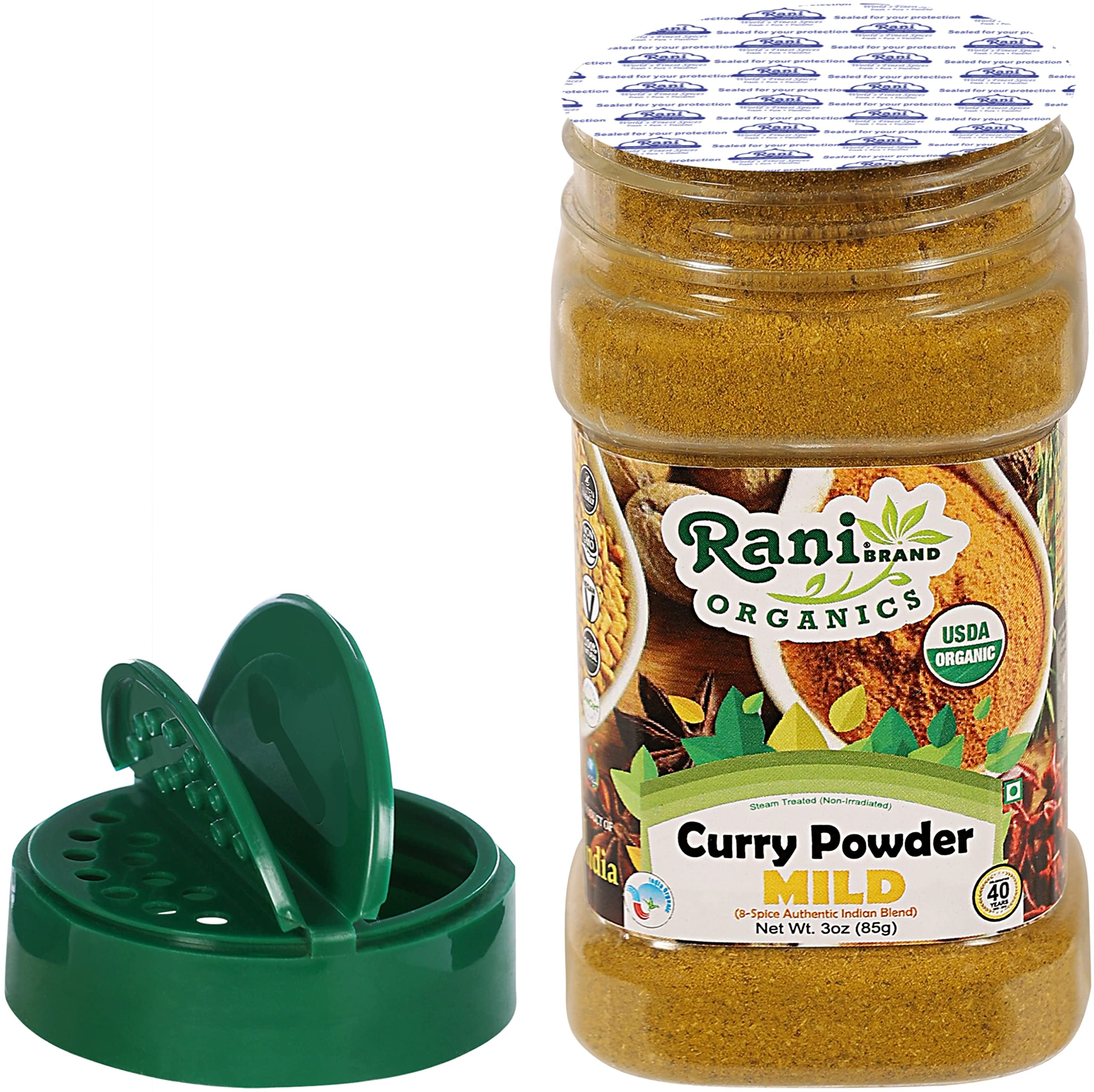 Rani Organic Curry Powder Mild 8 Spice Authentic Indian Blend 3oz 85g PET Jar All Natural Salt Free Vegan Gluten Friendly NON GMO
