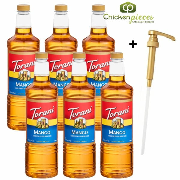 Torani Mango Flavoring Syrup, Professional Juicy Tropical Base, Shatter-Resistant 1L Plastic Bottle + Bonus Squeeze Pump