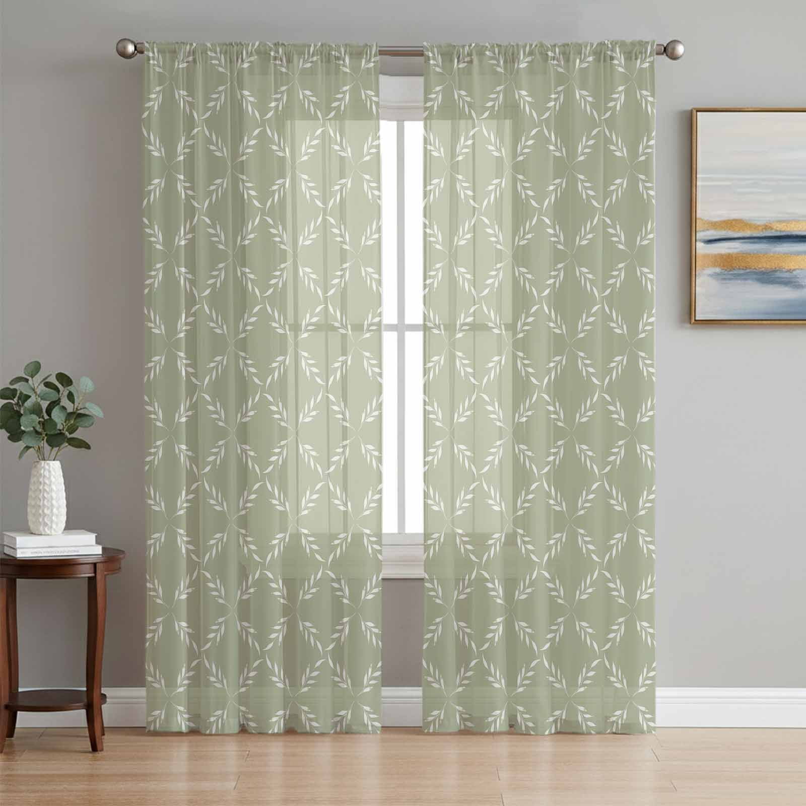 Sage Green Semi Sheer Curtains 108 Inch Length 2 Panels Set Geometric Flower Leaf Diamond Plaid Retro Sheer Kitchen Curtain Privacy Voile Window Curtain for Living Room Bedroom Rod Pocket Drapes