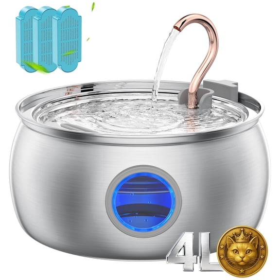 FURCLAN Cat Water Fountain Stainless Steel 135oz 4.0L Large Capacity Pet Water Dispenser with Gooseneck Copper Spout Quiet Pump for Cats and Dogs