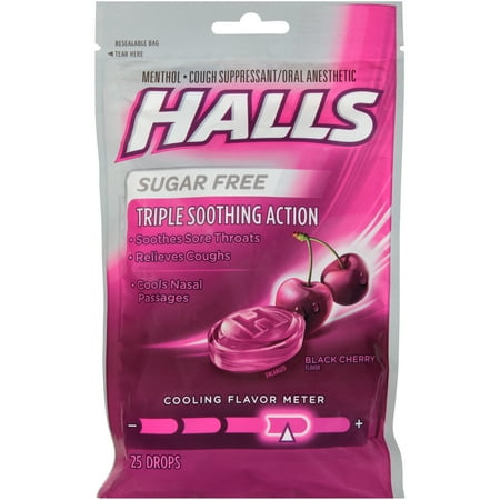 - HALLS, Black Sugar Free Cherry Flavor Cough Drops, 25 Pcs