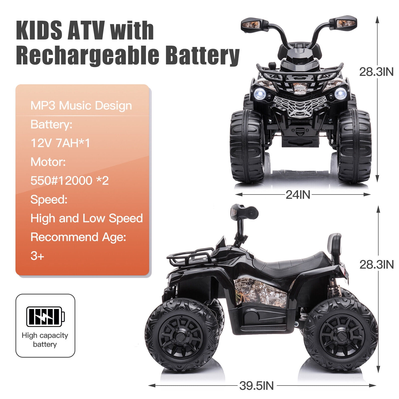 Lohoms 12V 4-Wheeler Kids Ride On Car ATV, Electric 12V Rechargeable Battery Powered Kid's Quad Car Toys, With LED Lights Music USB, 2 Speed, Black