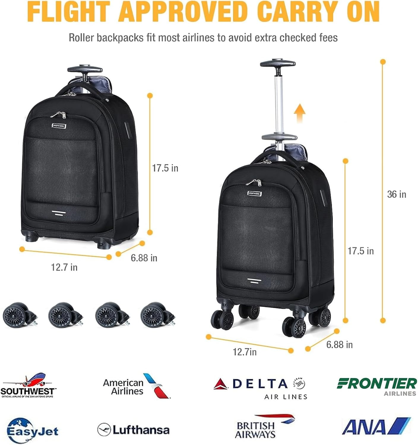 15.6 Inch Rolling Laptop Backpack - 4 Spinner Wheels Carry On Travel Bag, Wheeled Backpack for Women Men (Overnight/College/Work, Black)