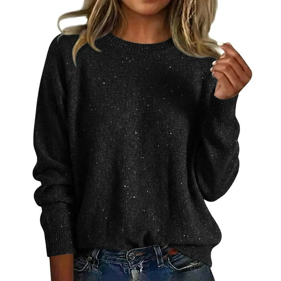 JIAYUE Women's Sweater Long Sleeve Solid Color Round Neck Pullover Knit Loose Fit Daily Wear Sequins Casual Trendy Female Tops