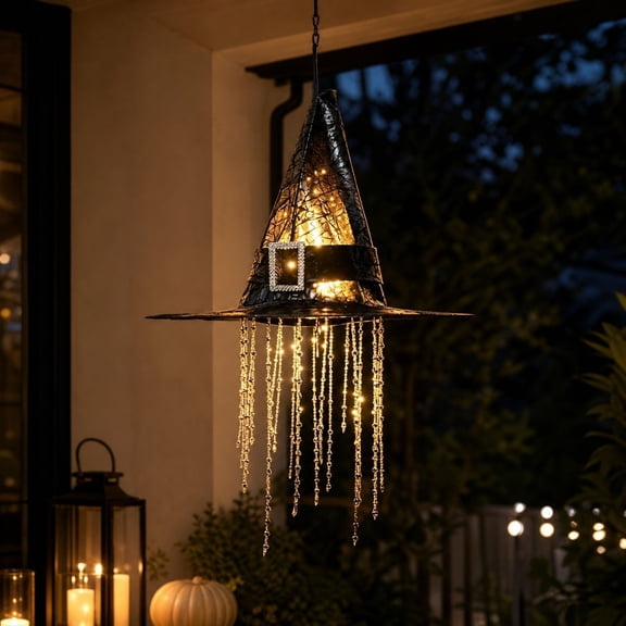 Lighted Witch Hat Hanging Decoration, 15.55 Inch Black Fabric Halloween Chime with Warm LED String Lights and Star Pendants, Outdoor Indoor Porch Entryway Party Decor