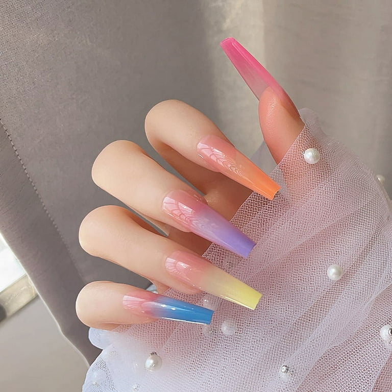 Rainbow acrylic nails sale coffin