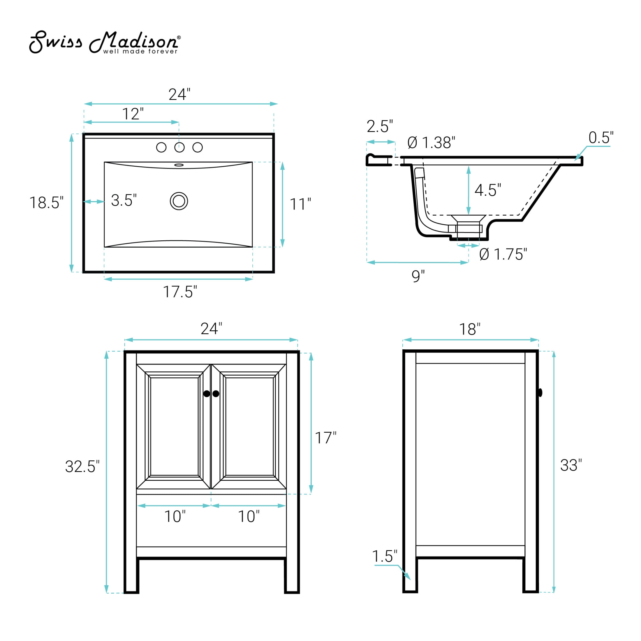Chateau 24" Freestanding Bathroom Vanity in White Oak with 3-Hole Centerset Sink Top