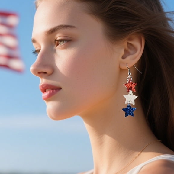 Patriotic Star Drop Earrings, Independence Day Red White Blue Glitter Star Dangle Earrings, USA Flag Themed Fashion Jewelry for Holiday Party, 3.5 x 2 Inch