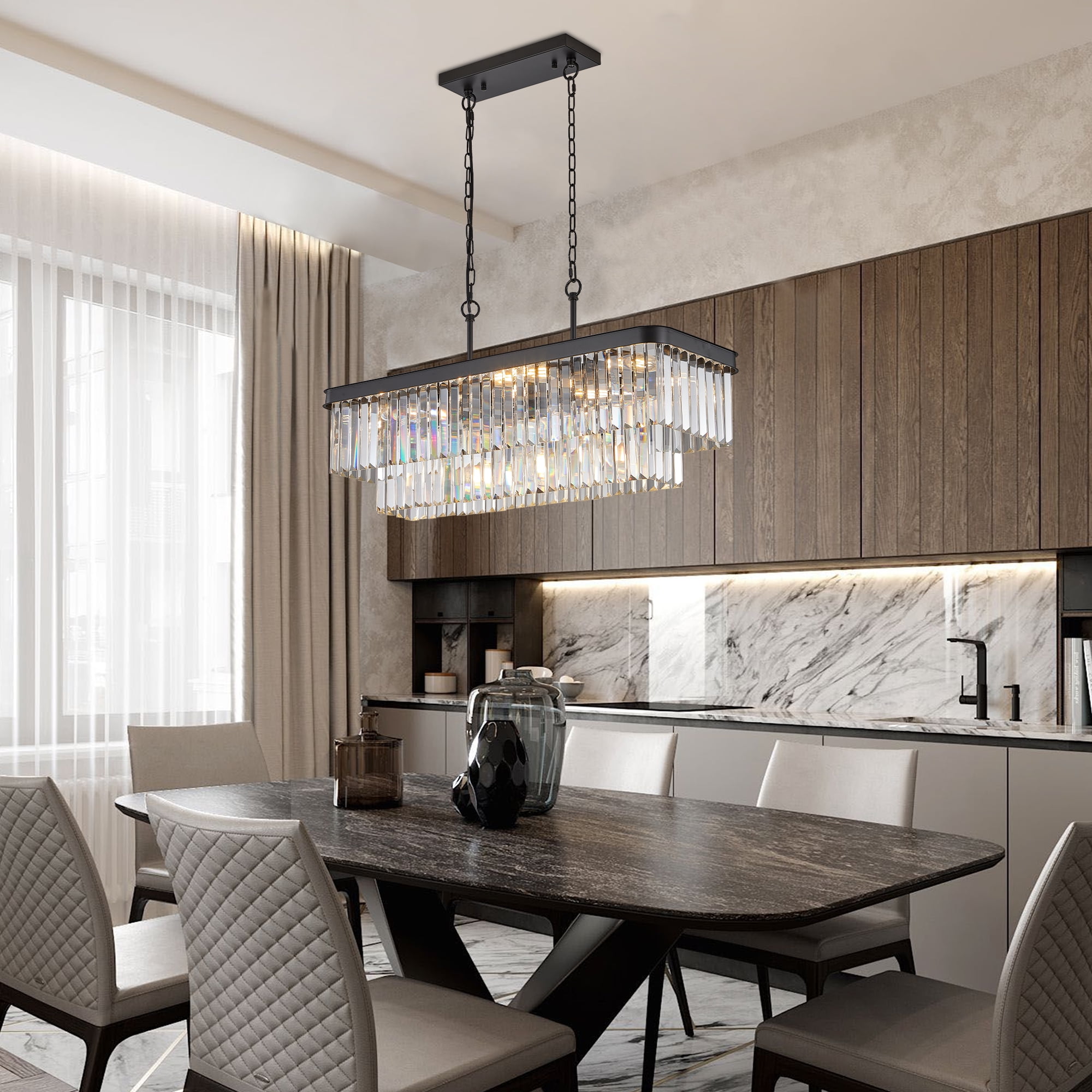Crystal Chandelier, 11-Light 33.5in Black Modern Farmhouse Chandeliers Dining Room Lighting Fixture, Adjustable Rectangle Hanging Ceiling Light for Living Room,Pool Table Light, Kitchen Island