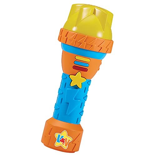 micrófono morpher de vlad y niki juguete azul y naranja con punta y tapa amarilla, vista frontal centrada; mango texturizado con relieves de rayos, botón estrella amarillo y base con logo V&N; diseñado para cambiar el tono de la voz y cantar, también suele usarse para juegos de rol y presentaciones infantiles.