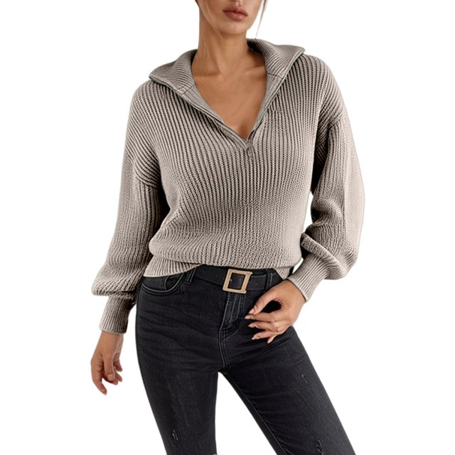 MIASHUI Zip Chandail Mode Couleur Unie Ample Décontracté Zip Manches Longues Chandail Femme Kaki,TG