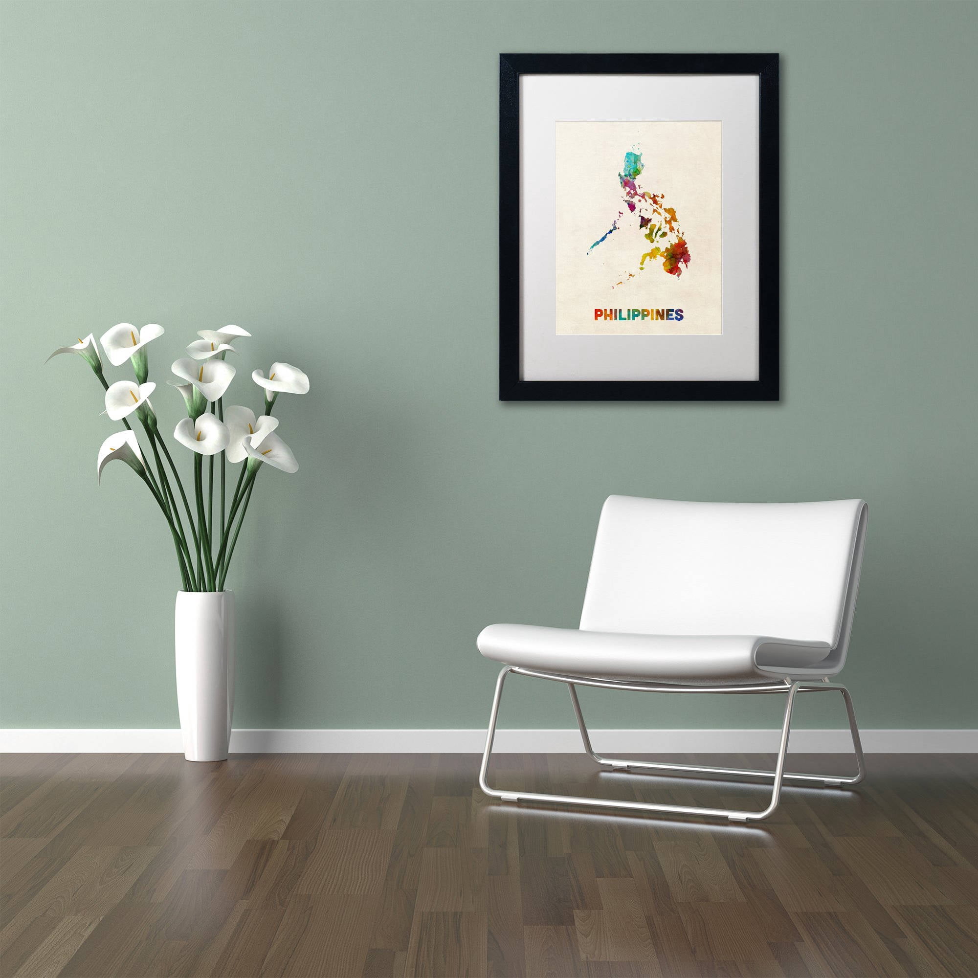 Trademark Fine Art "Philippines Watercolor Map" Canvas Art by Michael Tompsett, White Matte, Black Frame