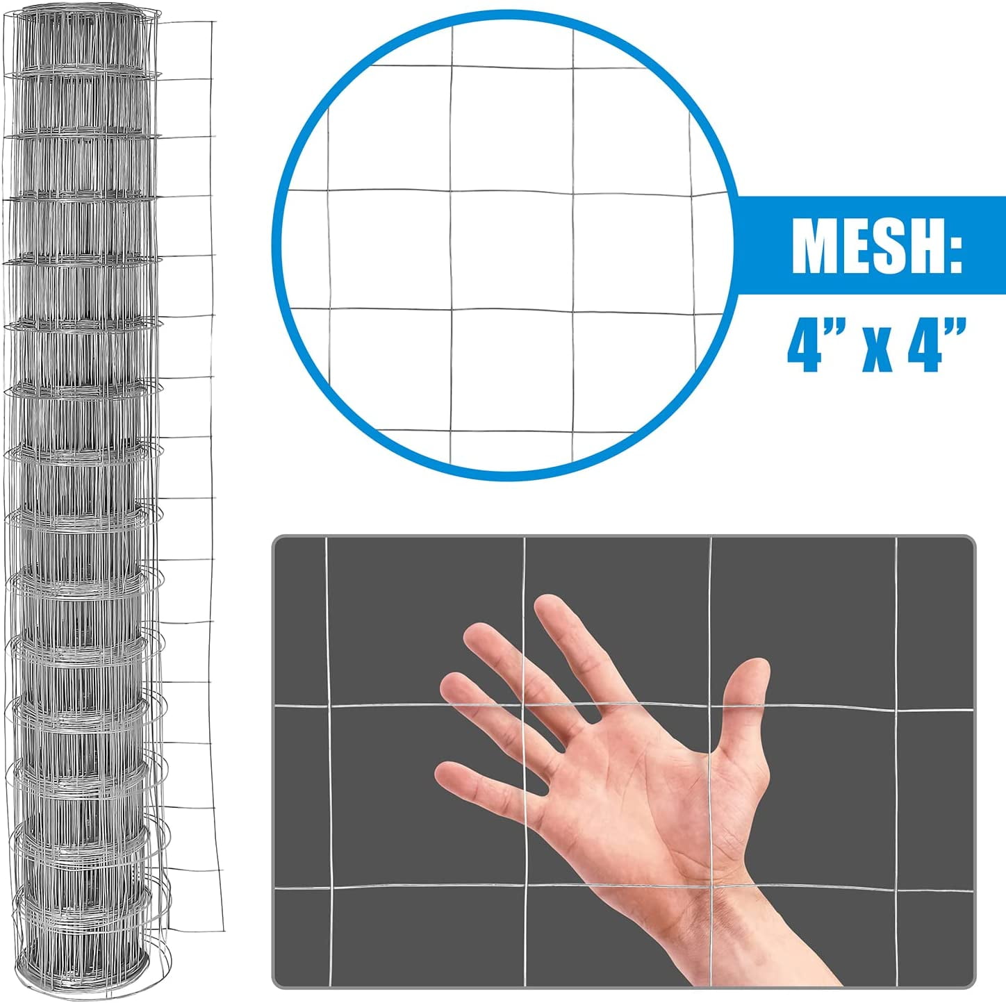 Fencer Wire 6 ft. x 100 ft. Galvanized Welded Wire Fence with 4" x 4" Square Opening, 16 Gauge Wire Mesh Fence Roll for Vegetables Garden Netting Chicken Coop Animal Enclosure