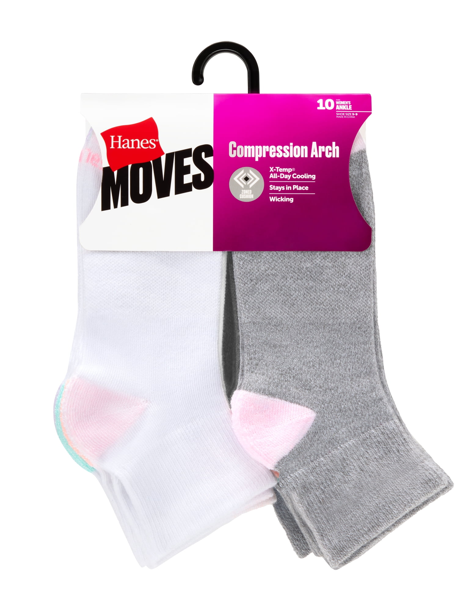 Hanes Women's Cushioned Ankle Socks, Moves, 10-Pack, Size 8-12