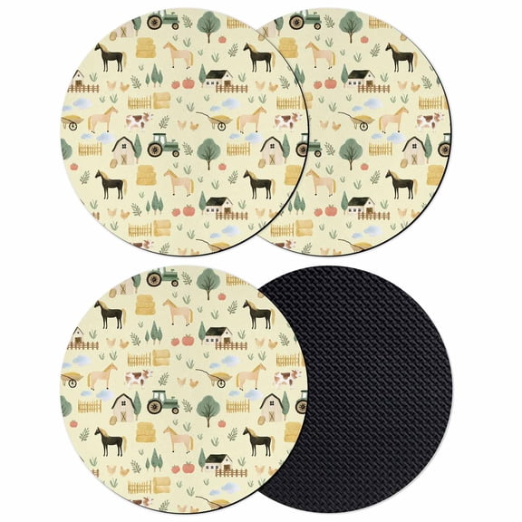 Cartoon Farmhouse Coasters Set of 4, Absorbent Coasters for Drinks, Cute Watercolor Cabin Animals Trees Yellow Coaster for Desk Coffee Table Protection, Home Decor House Warming Gifts 4"