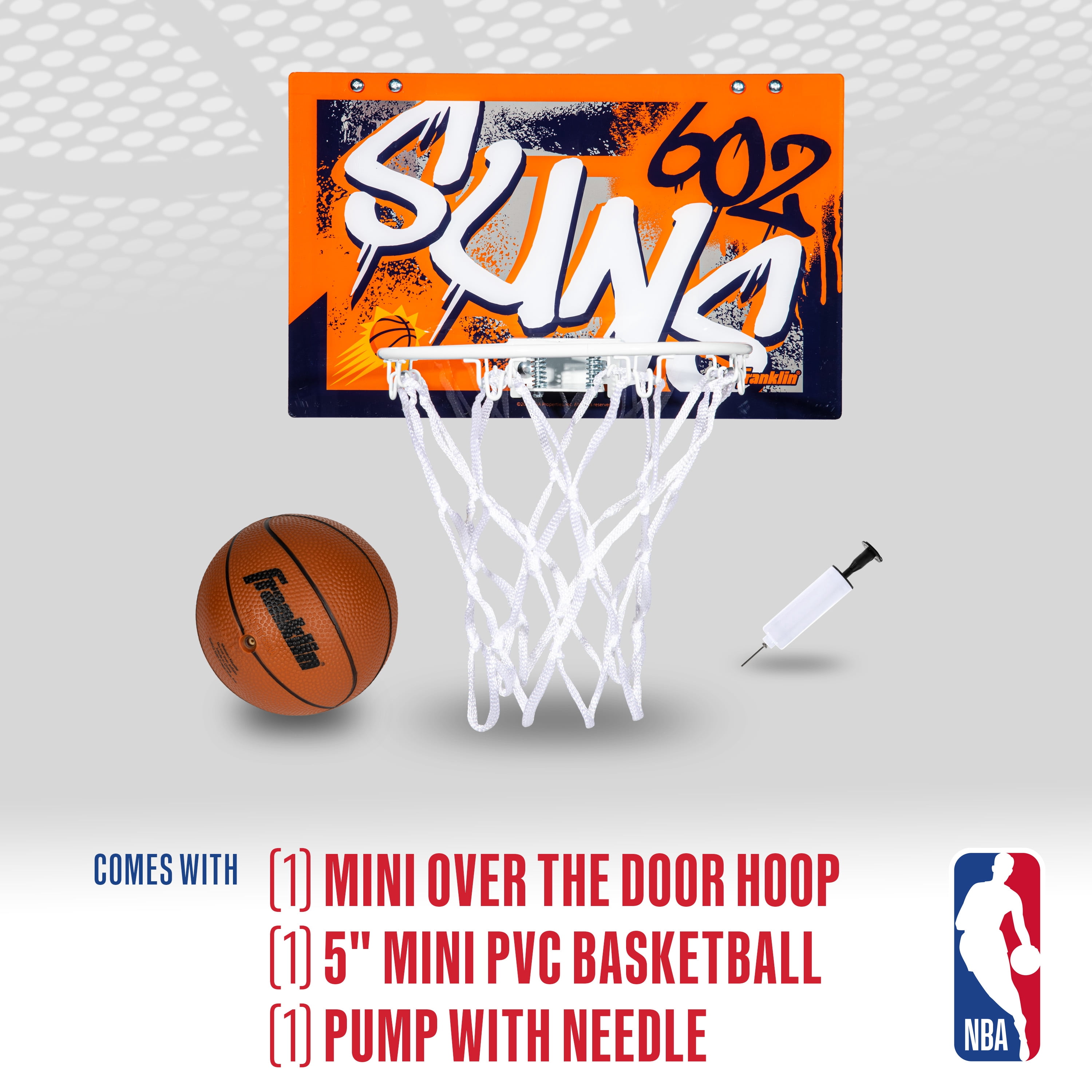 Franklin Sports NBA Phoenix Suns Over the Door Basketball Hoop - Kids Indoor Basketball Hoop with Mini Basketball - NBA Fan Shop Mini Hoop for Bedroom + Office - Over the Door Mini Hoop Set