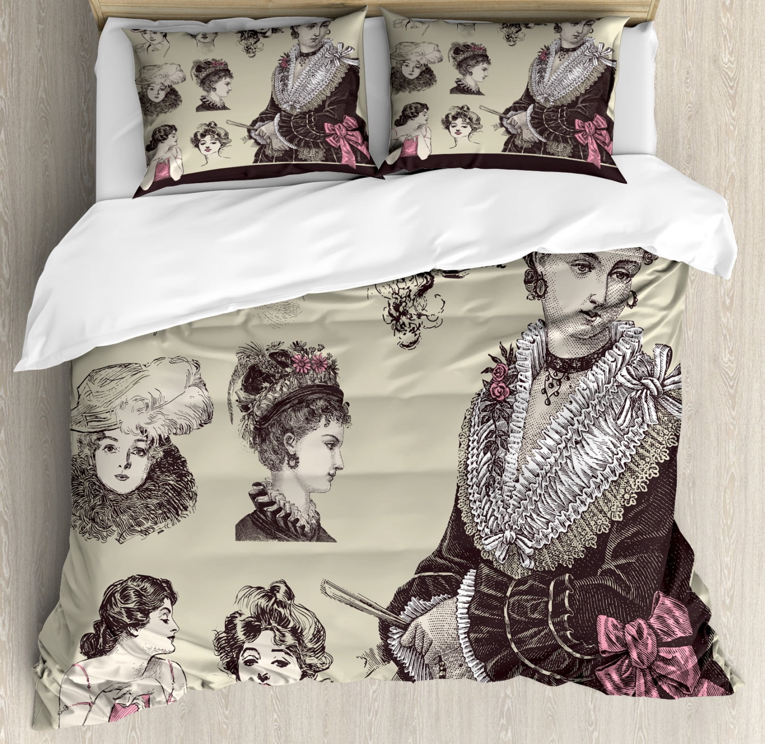 Vintage Woman King Size Duvet Cover Set, Retro Lady Figures Posing with
