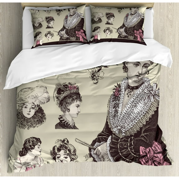 Vintage Woman King Size Duvet Cover Set, Retro Lady Figures Posing with Victorian Style Fashion Hats Corset and Gloves, Decorative 3 Piece Bedding Set with 2 Pillow Shams, Multicolor, by Ambesonne
