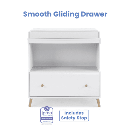 Delta Children Essex Convertible Changing Table with Drawer, Greenguard Gold Certified, Bianca White/Natural