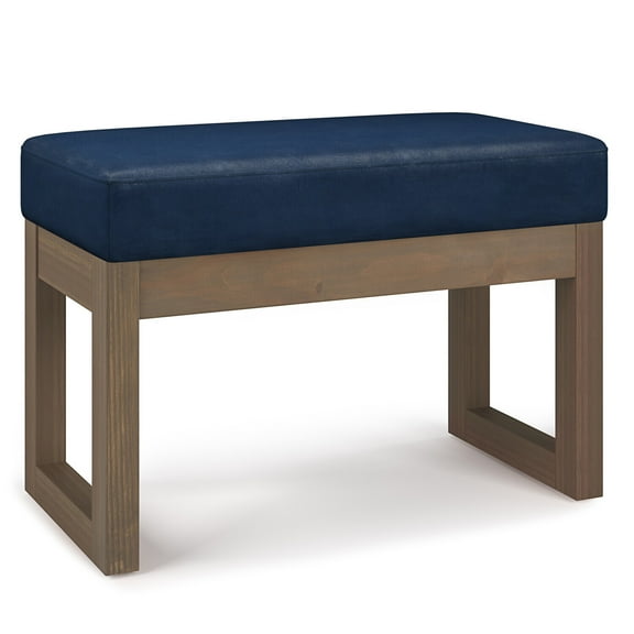 Modern Footstool Ottoman Bench - Dark Blue Faux Leather Rectangle Footrest - 27 Inch Wide Accent Bench
