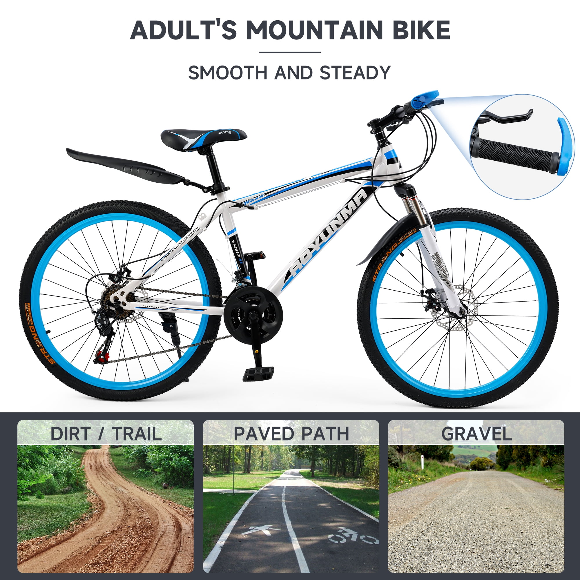 26" Mountain Bike for Men/Women, 24 Speed Shimano Twist Shifting, Front Suspension, Comfort Saddle Red/White/Blue/Green