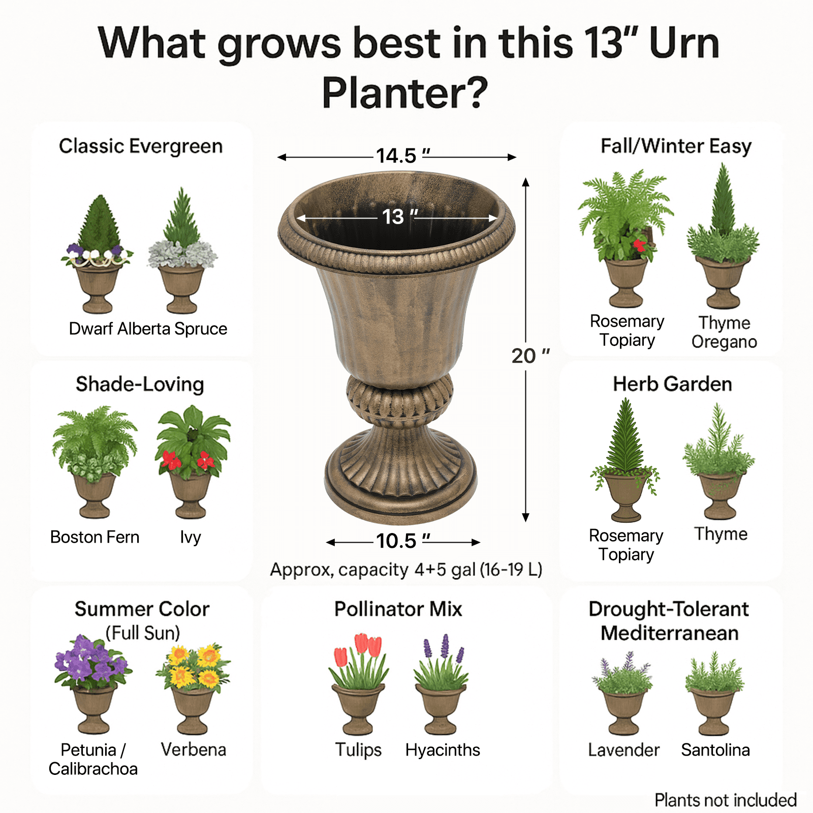 MoNiBloom 20" Plastic Urn Planter Vase for Outdoor Indoor Plants Garden Patio Vintage Decorative Pedestal Roman Flower Pot Decoration Retro Home Front Porch Door Decor (Antique Brass)