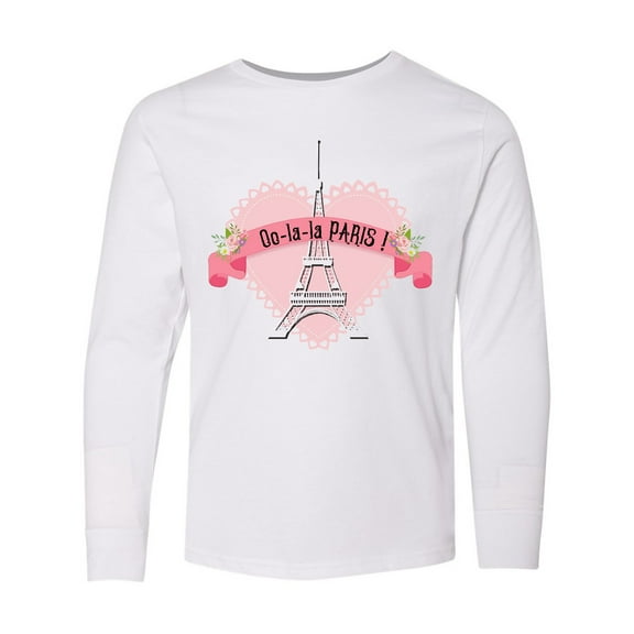 Inktastic Paris Oo-la-la with Eiffel Tower and Flowers in Pink Heart Long Sleeve Youth T-Shirt