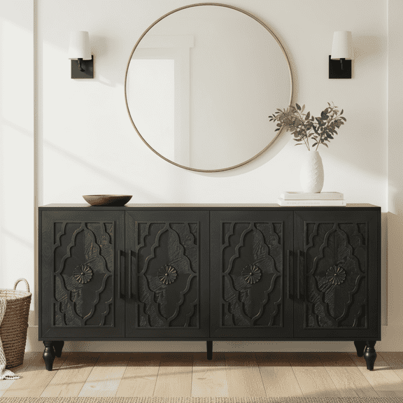 Atumcto 63" Storage Cabinet with Carved Floral Doors, 2 Adjustable Shelves, Wood Buffet Cabinet for Living Room, Kitchen, Entryway, Black