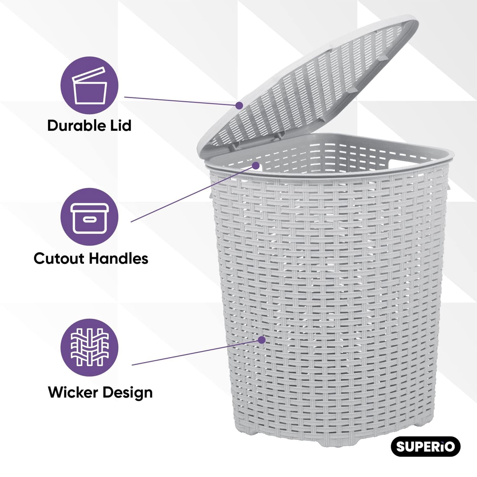 Superio 50L Wicker Plastic Corner Laundry Hamper with Lid - White Smoke