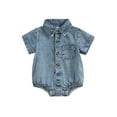 thumbnail image 3 of Infant Boys Girls Denim Romper Solid Color Short Sleeve Turn-Down Collar Baby Jumpsuits Summer Buttons Casual Bodysuits 0-18 Months, 3 of 10